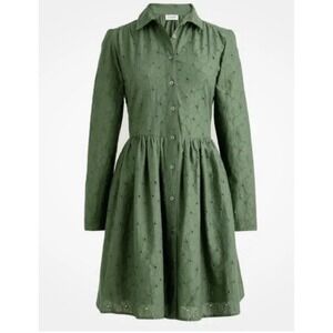J.Crew Women 12 Green Cotton Eyelet Long Sleeve Button Front Shirt Dress Moss